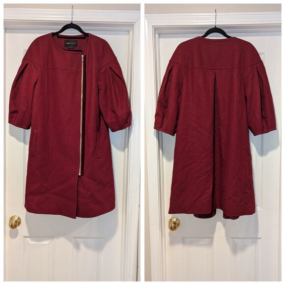 BCBGMaxazria Size Medium Maroon Wool Blend Puff Short Sleeve Jacket Driving Coat - Picture 1 of 8